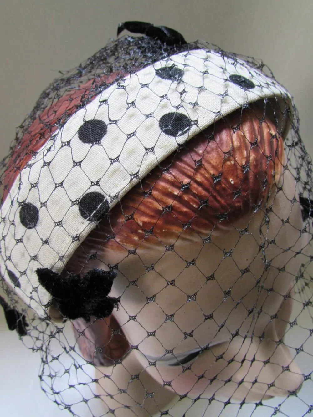 Vintage Head Band Hat White with Black Polka Dots